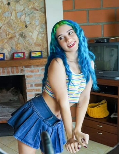 >Lucky Stud Interrupts Gorgeous Blue Haired Babe Making Adult Tik Tok Video And Joins For A Quickie